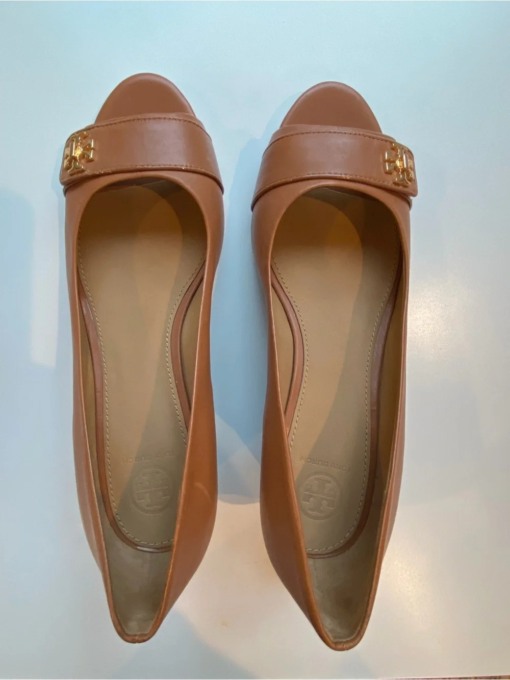 Tory Burch peep toe in camel with wood grain wedge